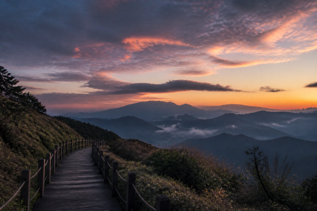 嘉義阿里山日出後清晨停車步行前往祝山觀日，雲層逐漸散開